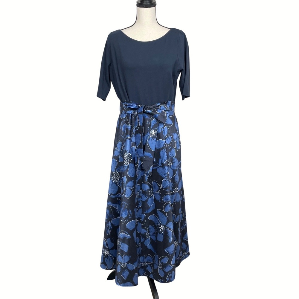 eShakti Navy Blue Floral Mixed Textile Midi Dress Sz L 14 Wedding Guest Elegant